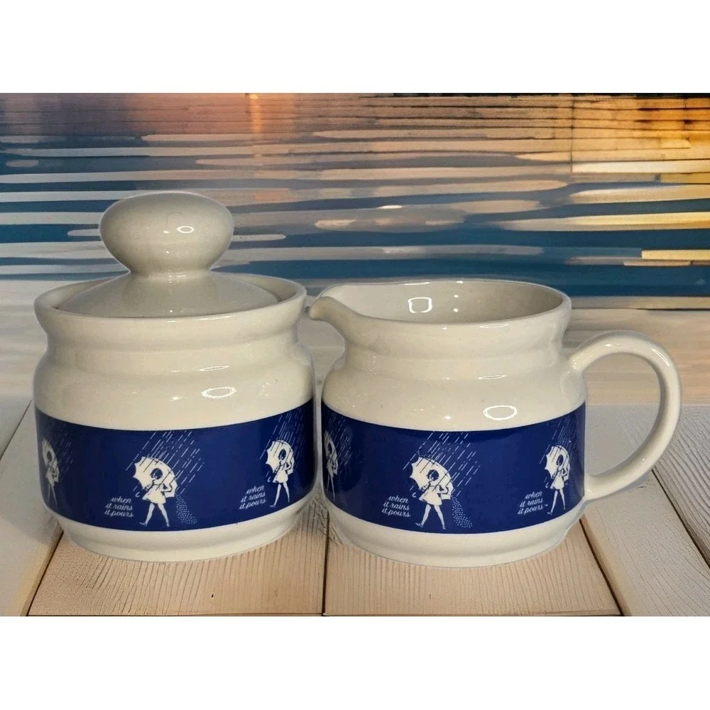 Morton Salt Vintage Cream and Sugar Set Collectible Umbrella Girl White Blue EUC
